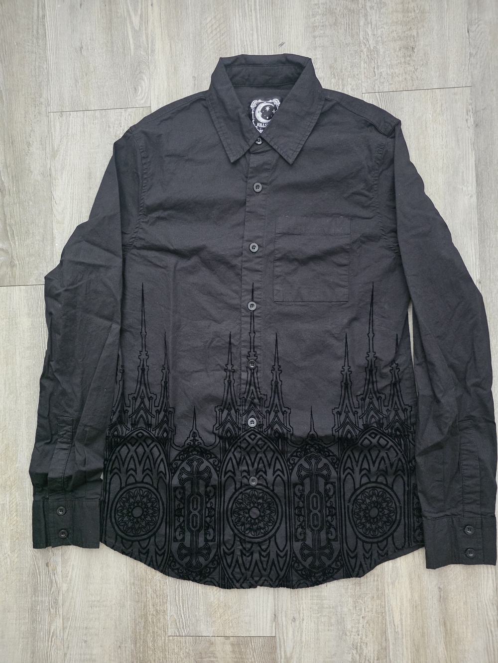 Killstar Alexei Black Gothic Cathedral Print Long Sleeve Button-Up Shirt